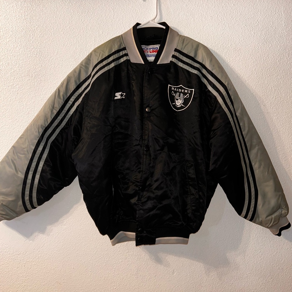 STARTER Black and Silver Oakland Raiders Satin Bomber Jacket